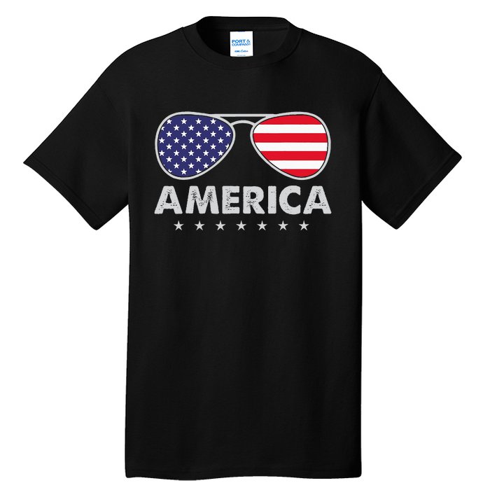 America Independence Day Funny Glasses Flag Tall T-Shirt