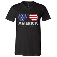 America Independence Day Funny Glasses Flag V-Neck T-Shirt