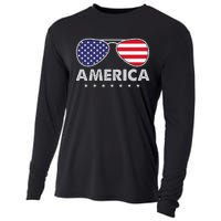 America Independence Day Funny Glasses Flag Cooling Performance Long Sleeve Crew