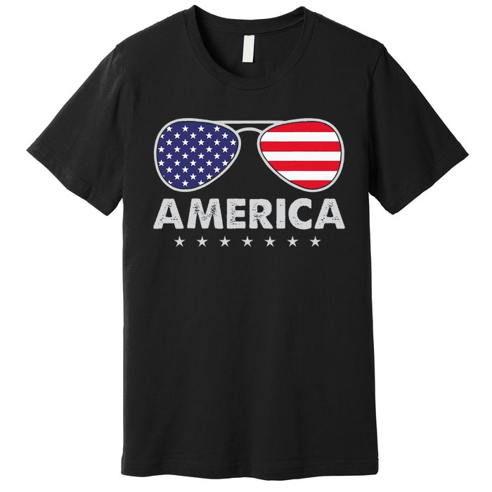 America Independence Day Funny Glasses Flag Premium T-Shirt