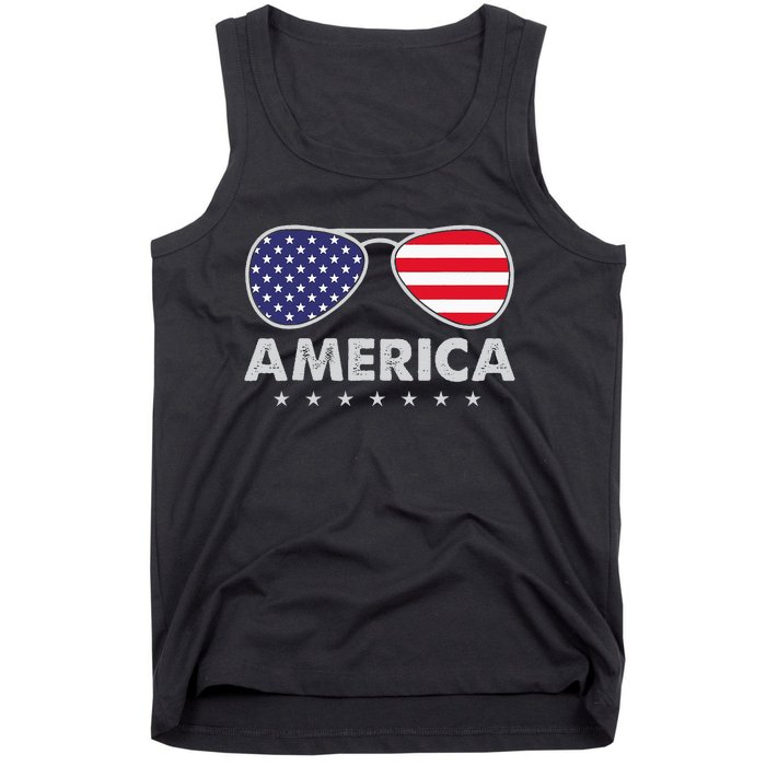 America Independence Day Funny Glasses Flag Tank Top