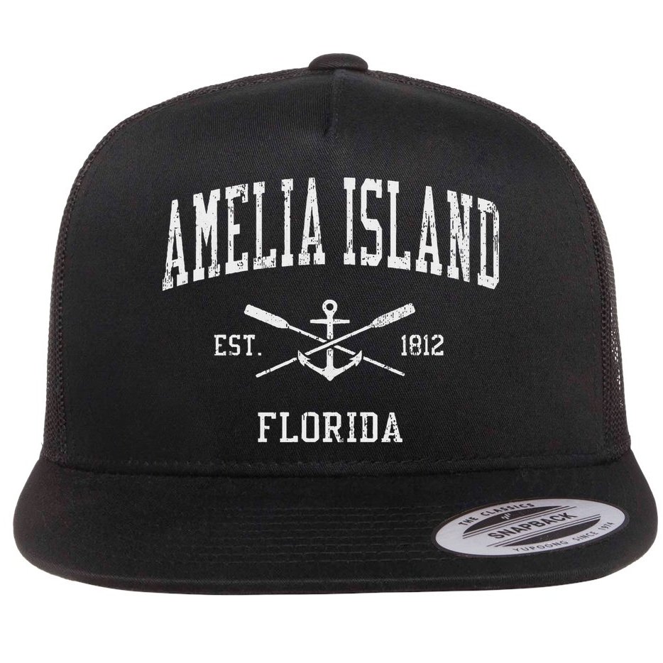 Amelia Island Fl Vintage Crossed Oars & Boat Anchor Sports Flat Bill Trucker Hat