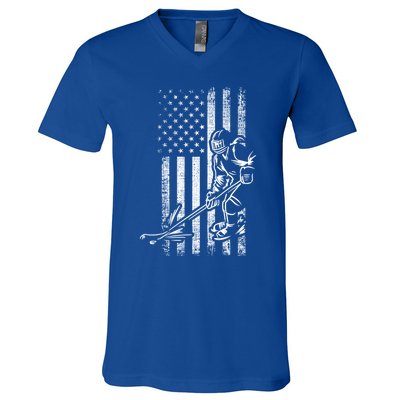 American Ice Hockey Player Grunge Usa Vintage Flag Gift V-Neck T-Shirt