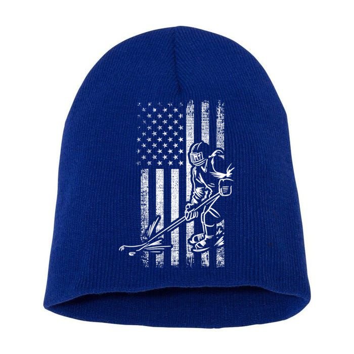 American Ice Hockey Player Grunge Usa Vintage Flag Gift Short Acrylic Beanie