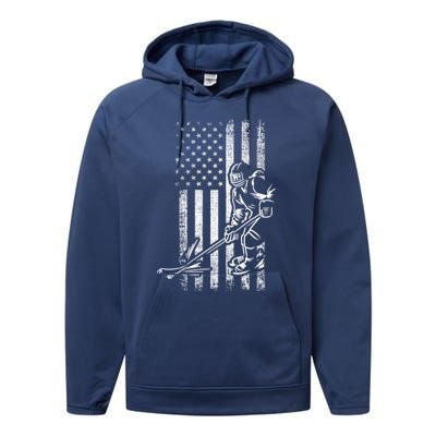 American Ice Hockey Player Grunge Usa Vintage Flag Gift Performance Fleece Hoodie