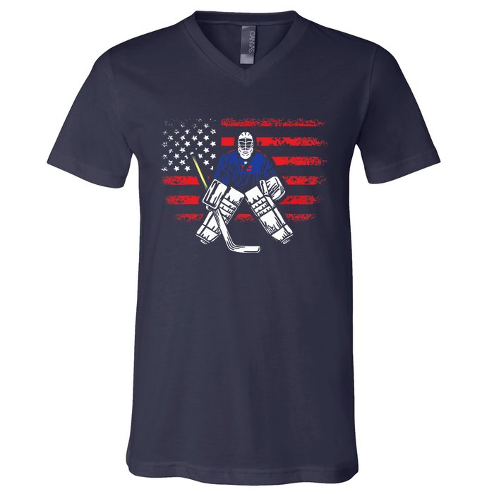 American Ice Hockey Athlete Winter Sport Goalkeeper V-Neck T-Shirt