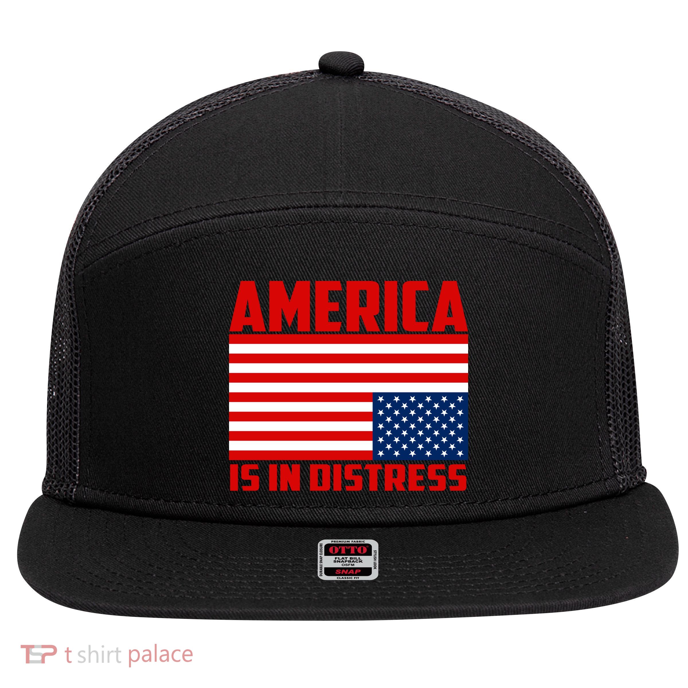 America Is In Distress Upside Down Flag 7 Panel Mesh Trucker Snapback Hat
