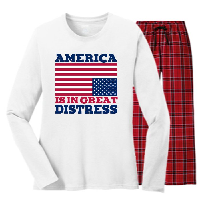 America Is In Great Distress Upside Down Flag Women's Long Sleeve Flannel Pajama Set 