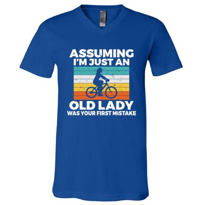 Assuming Im Just An Old Lady Was Your First Mistake Biking Funny Gift V-Neck T-Shirt