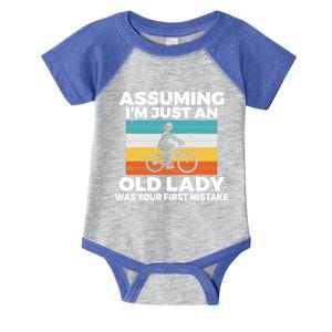 Assuming Im Just An Old Lady Was Your First Mistake Biking Funny Gift Infant Baby Jersey Bodysuit