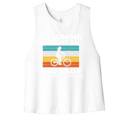 Assuming Im Just An Old Lady Was Your First Mistake Biking Funny Gift Women's Racerback Cropped Tank