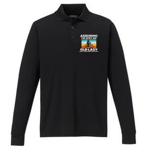 Assuming Im Just An Old Lady Was Your First Mistake Biking Gift Performance Long Sleeve Polo