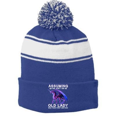 Assuming Im Just An Old Lady Was Your First Mistake Dragon Meaningful Gift Stripe Pom Pom Beanie