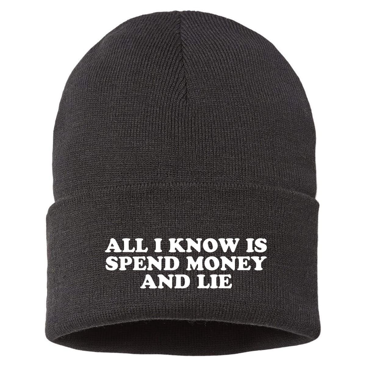 All I Know Is Spend Money And Lie Funny Humor Sustainable Knit Beanie
