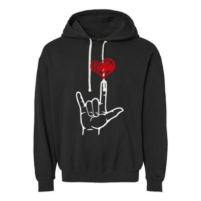 ASL I Love You Hand Heart American Sign Language Garment-Dyed Fleece Hoodie