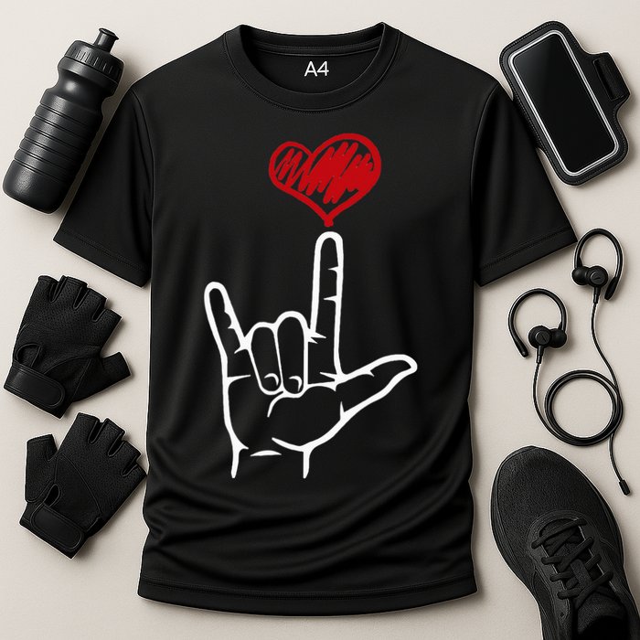 ASL I Love You Hand Heart American Sign Language Cooling Performance Crew T-Shirt