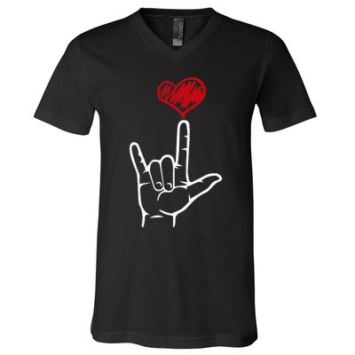 ASL I Love You Hand Heart American Sign Language V-Neck T-Shirt