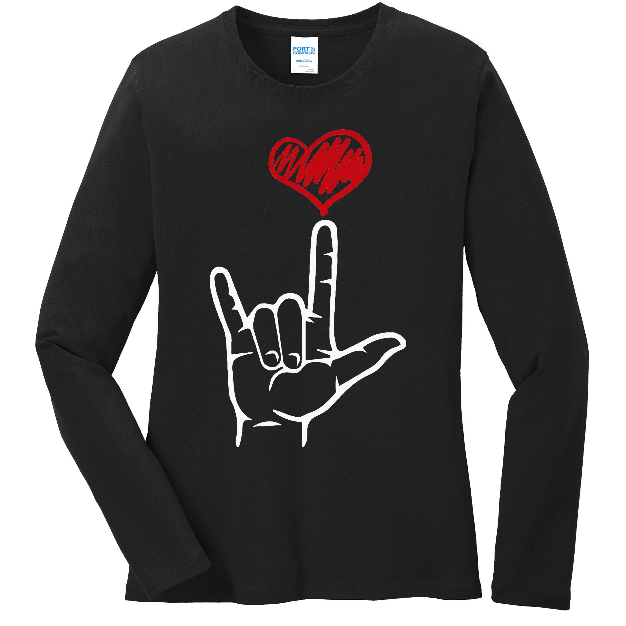 ASL I Love You Hand Heart American Sign Language Ladies Long Sleeve Shirt