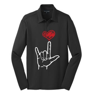 ASL I Love You Hand Heart American Sign Language Silk Touch Performance Long Sleeve Polo