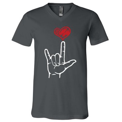 ASL I Love You Hand Heart American Sign Language V-Neck T-Shirt