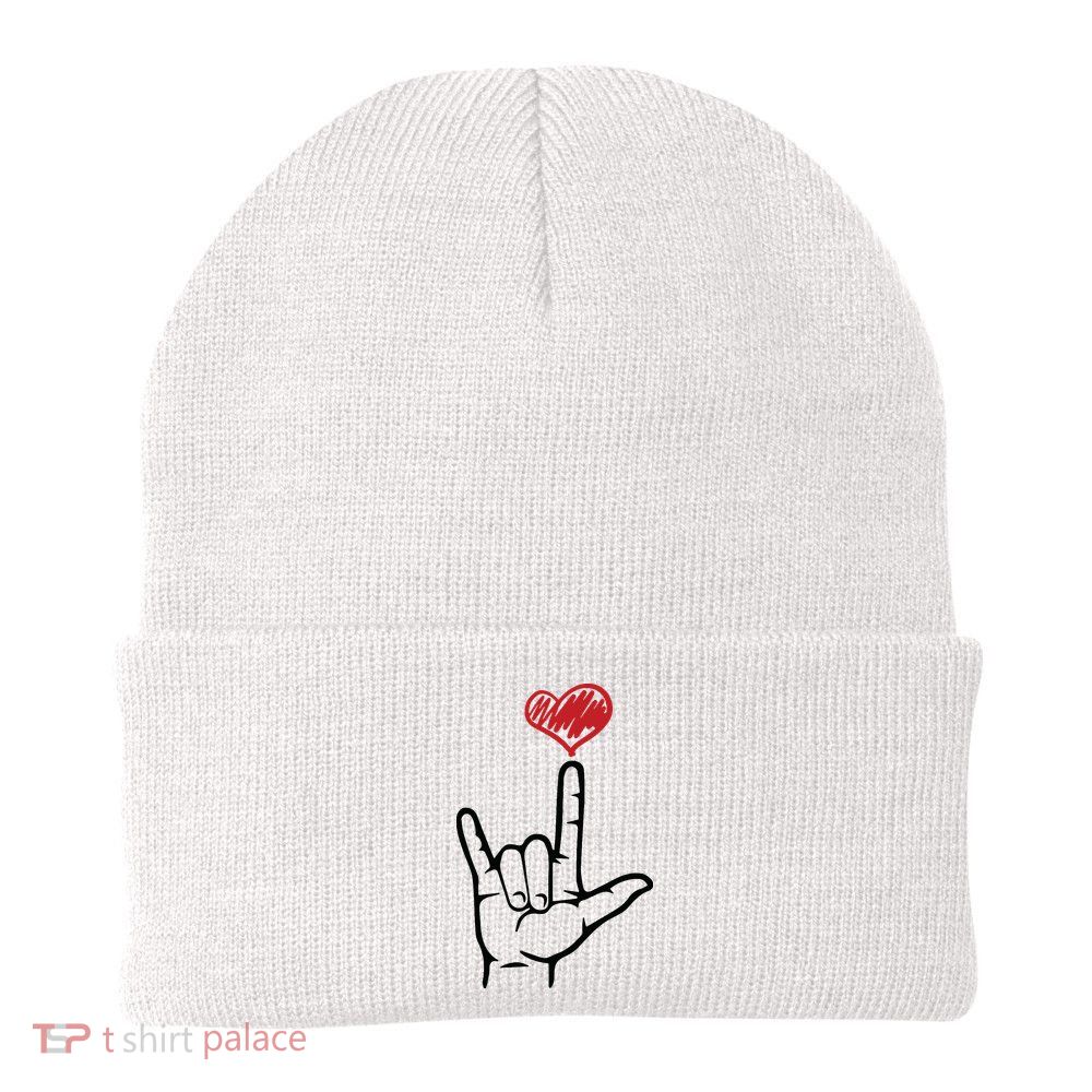 ASL I Love You Hand Heart Sign Language Knit Cap Winter Beanie