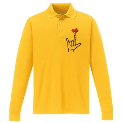 Asl I Love You Hand Heart Sign Language Gift Performance Long Sleeve Polo