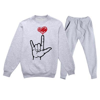 Asl I Love You Hand Heart Sign Language Gift Premium Crewneck Sweatsuit Set