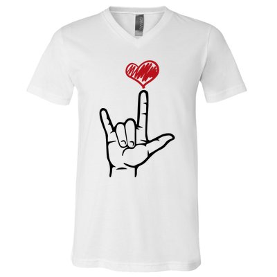 Asl I Love You Hand Heart Sign Language Gift V-Neck T-Shirt