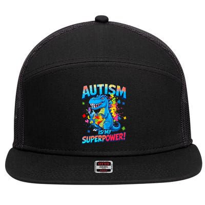 Autism Is My Superpower Dinosaur  Autism Awareness 7 Panel Mesh Trucker Snapback Hat