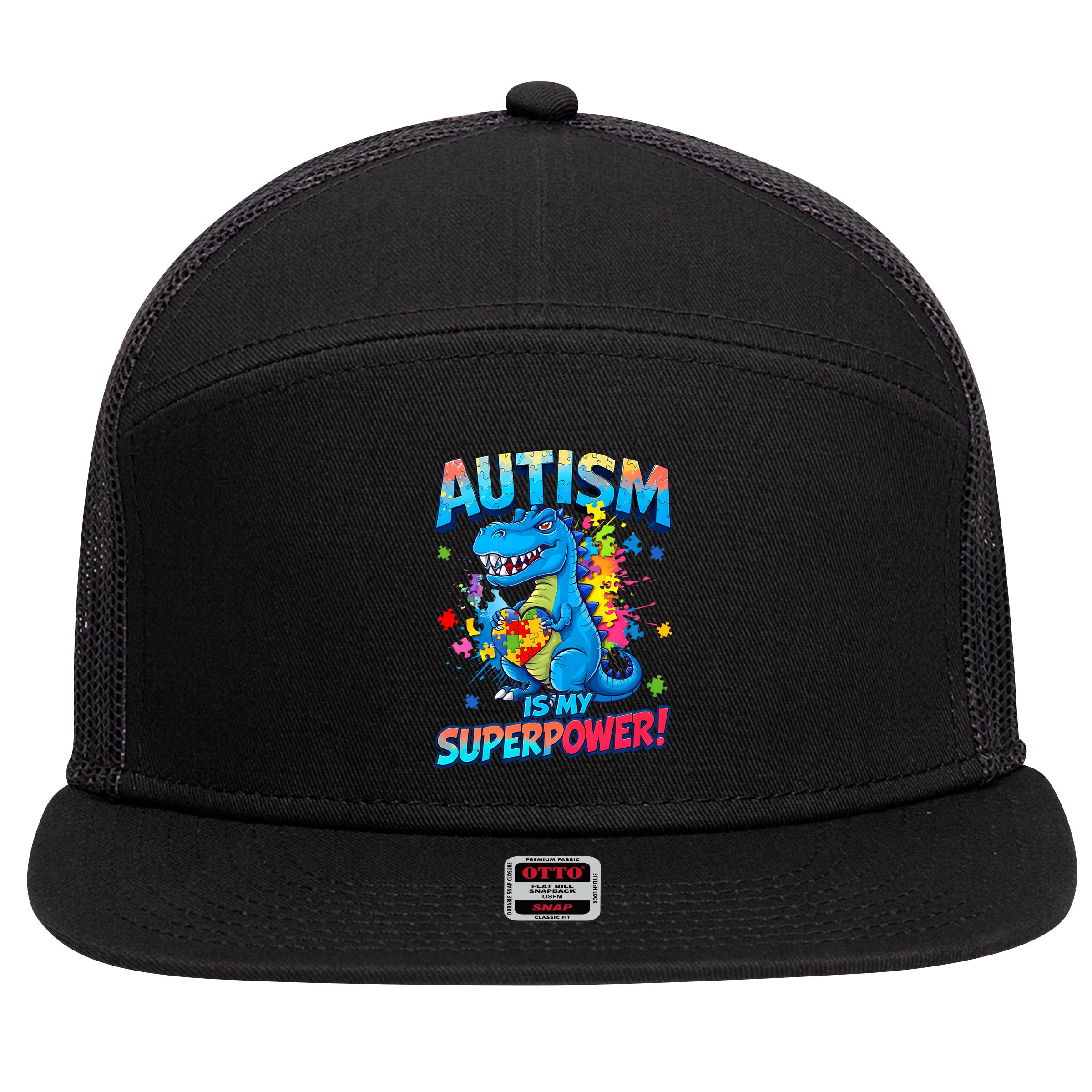 Autism Is My Superpower Dinosaur  Autism Awareness 7 Panel Mesh Trucker Snapback Hat