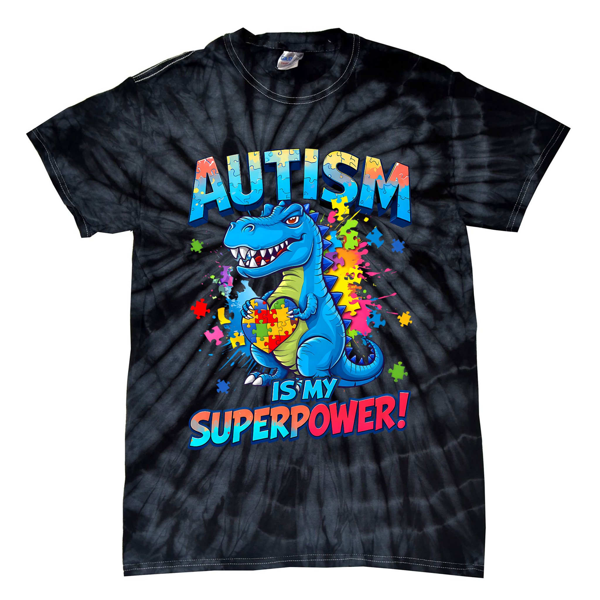 Autism Is My Superpower Dinosaur  Autism Awareness Tie-Dye T-Shirt