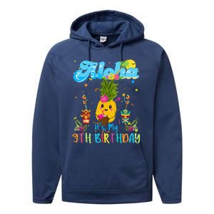 Aloha Its My 9th Birthday 9 Years Hawaiian Luau Candle Performance Fleece Hoodie