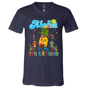 Aloha Its My 9th Birthday 9 Years Hawaiian Luau Candle V-Neck T-Shirt