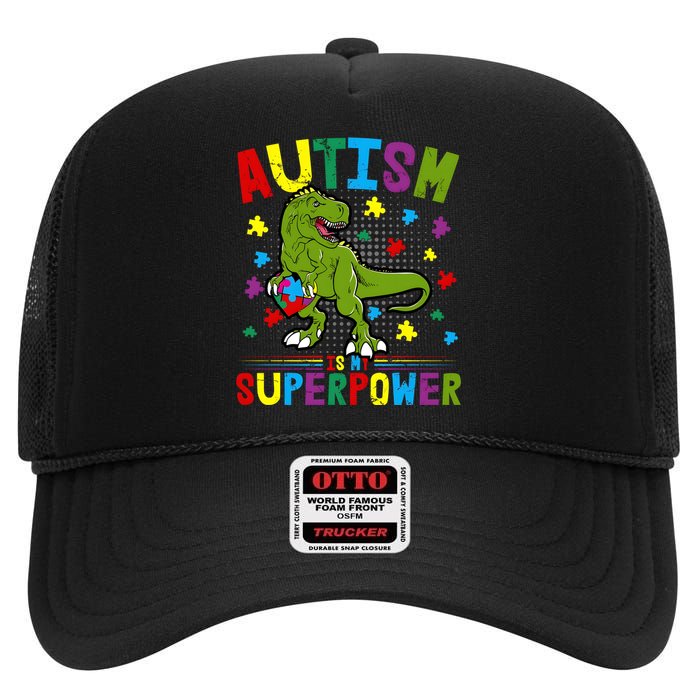 Autism Is My Superpower Autism Dinosaur High Crown Mesh Back Trucker Hat