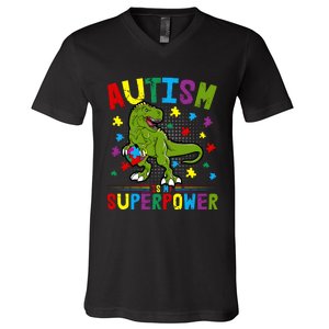 Autism Is My Superpower Autism Dinosaur V-Neck T-Shirt