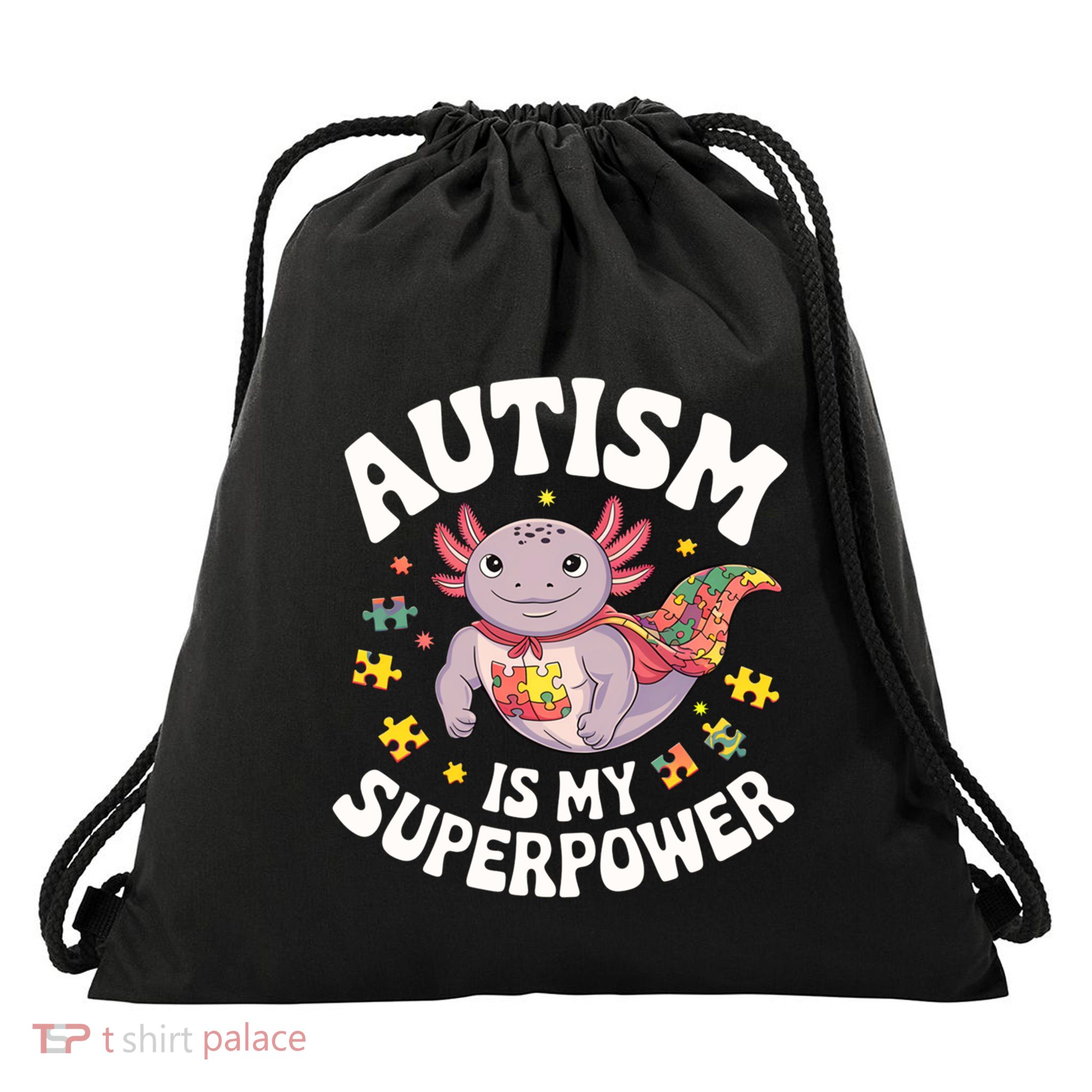Autism Is My Super Power Strong Axolotl Autism Awareness Cool Gift Drawstring Bag