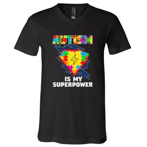 Autism Is My Super Power Superhero Puzzle Autism Awareness V-Neck T-Shirt