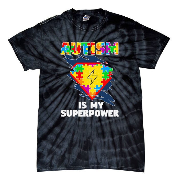 Autism Is My Super Power Superhero Puzzle Autism Awareness Tie-Dye T-Shirt