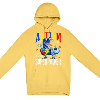 Autism Is My Super Power Autism Awareness Dinosaur Gift Premium Pullover Hoodie