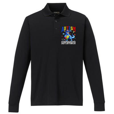 Autism Is My Super Power Autism Awareness Dinosaur Gift Performance Long Sleeve Polo