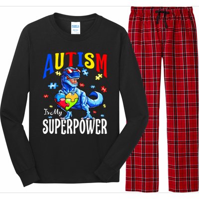 Autism Is My Super Power Autism Awareness Dinosaur Gift Long Sleeve Pajama Set