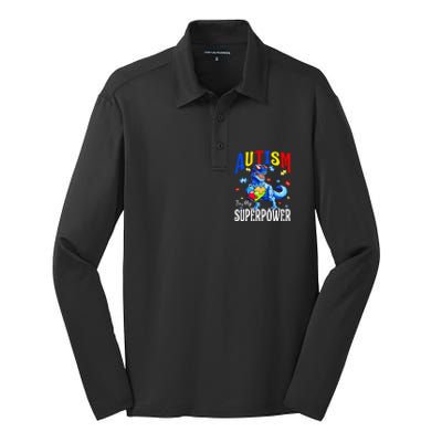 Autism Is My Super Power Autism Awareness Dinosaur Gift Silk Touch Performance Long Sleeve Polo