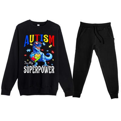 Autism Is My Super Power Autism Awareness Dinosaur Gift Premium Crewneck Sweatsuit Set