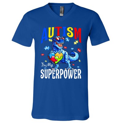 Autism Is My Super Power Autism Awareness Dinosaur Gift V-Neck T-Shirt