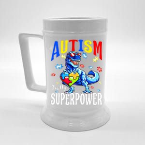 Autism Is My Superpower Autism Awareness Dinosaur Gift Beer Stein