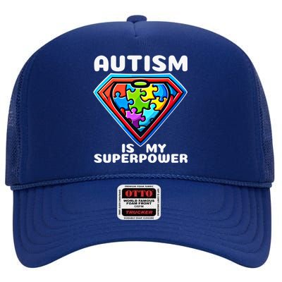 Autism Is My Superpower Superhero Gift High Crown Mesh Back Trucker Hat