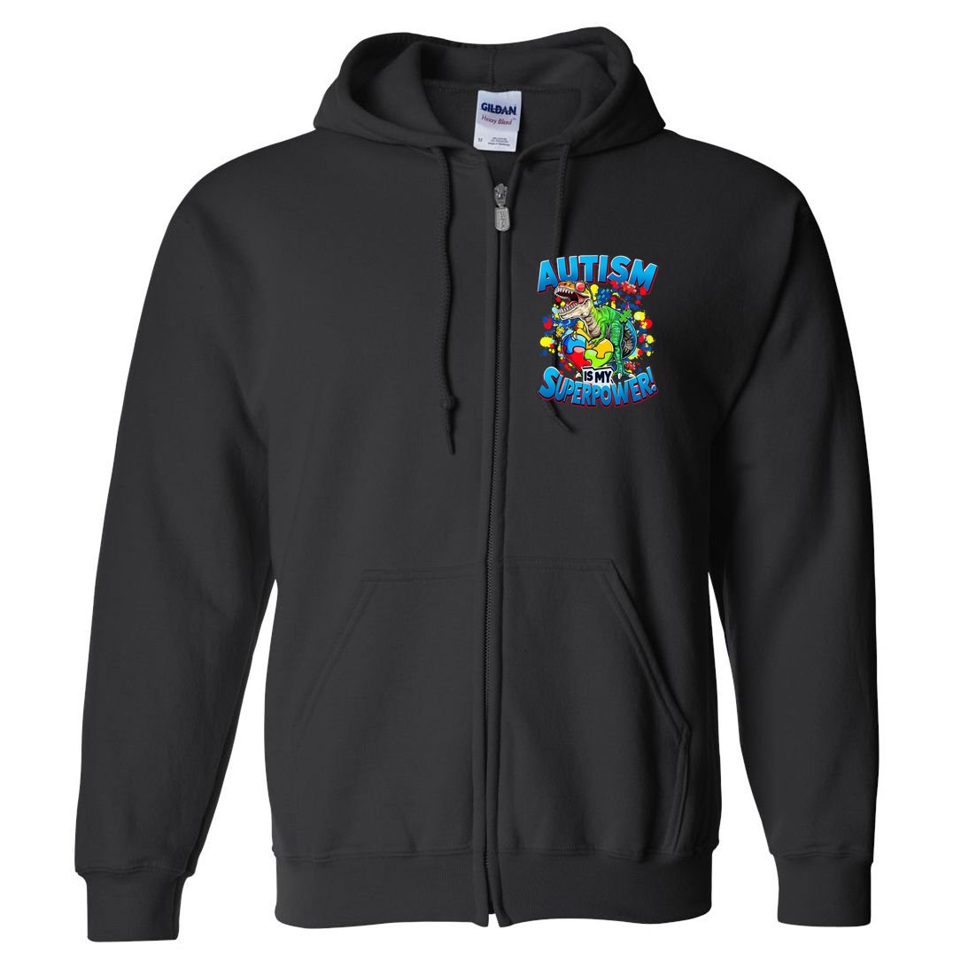 Autism Is My Superpower Dinosaur Autism Awareness 2025 Full Zip Hoodie