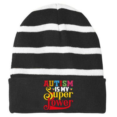 Autism Is My Super Power Autism Awareness Month Gift Striped Beanie with Solid Band