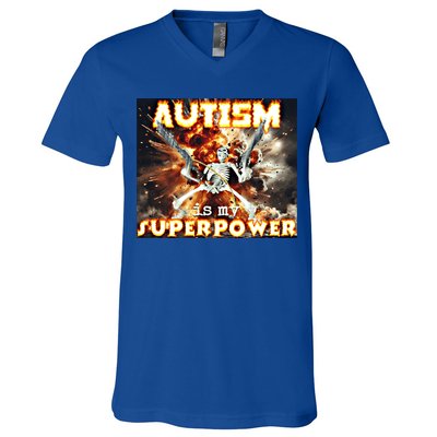 Autism Is My Supper Power Hard Skeleton Meme Oddly Specific Gift V-Neck T-Shirt