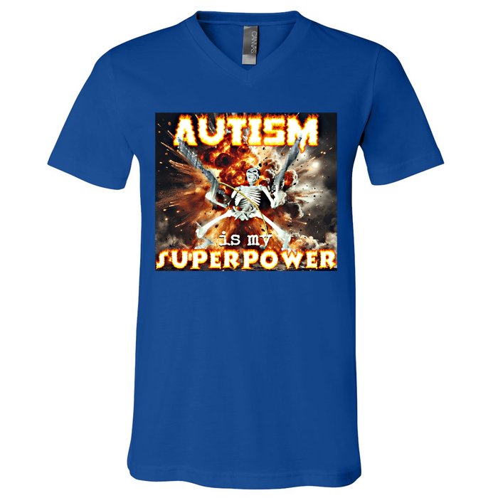 Autism Is My Supper Power Hard Skeleton Meme Oddly Specific Gift V-Neck T-Shirt